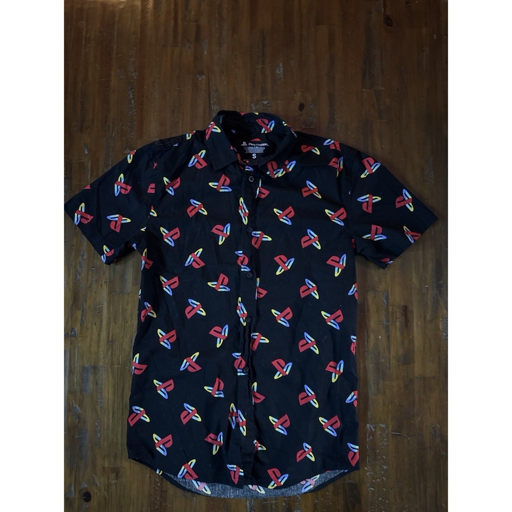 PlayStation Button Down Shirt Black‎ Gaming Logo Graphic Short Sleeve Mens Small